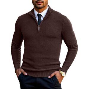 Men's Slim Fit Quarter Zip Pullover Sweater, Knit Mock Neck Polo Brown Sweater